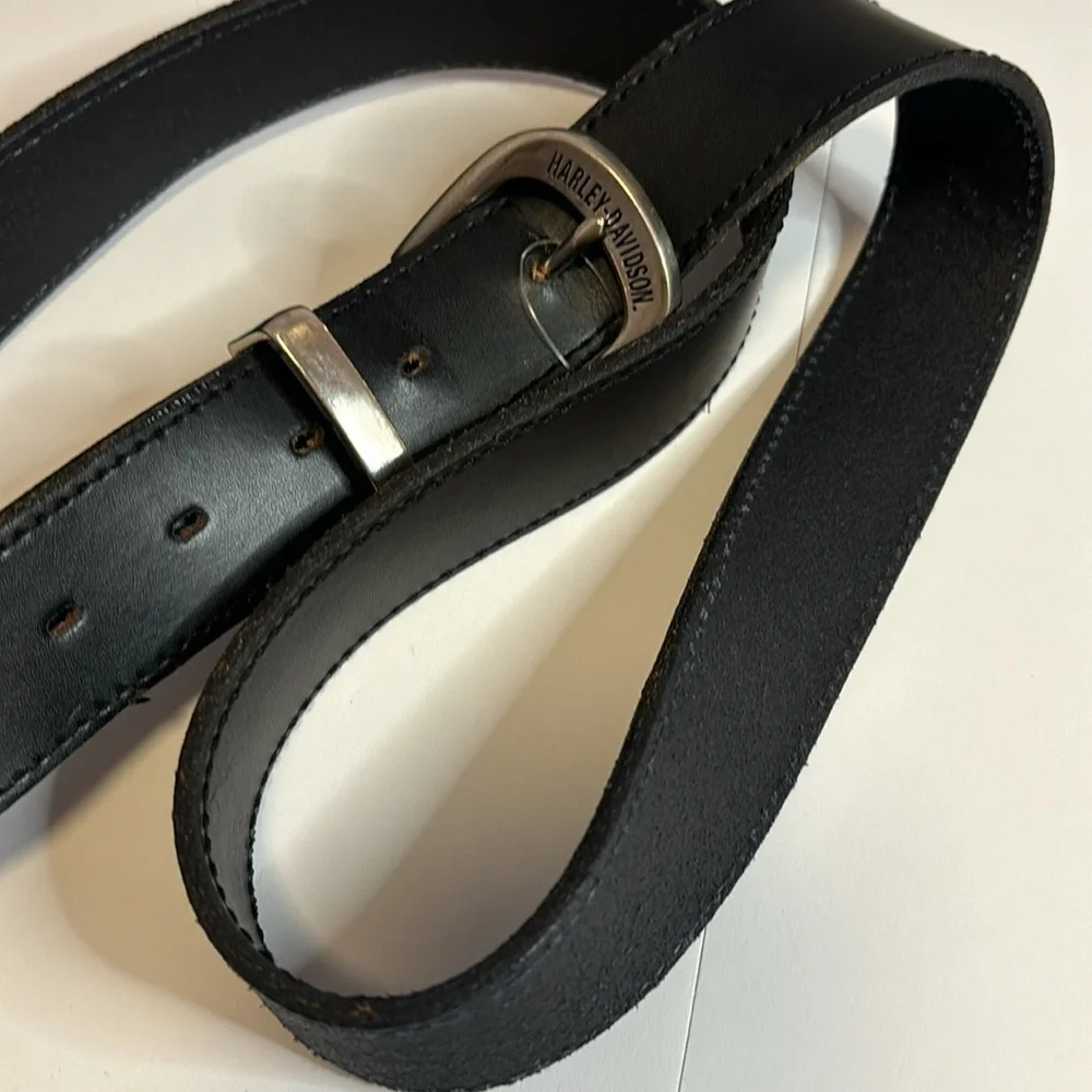 HARLEY DAVISON BLACK LEATHER BELT 52” LENGTH…SILVER BUCKLE AND SILVER TIP
